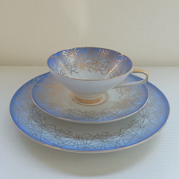 The Unbranded Brand Other - Germany Bavaria Blue Gold Star Bursts 3pc Tea Set Service For 1 Cup Saucer Plate